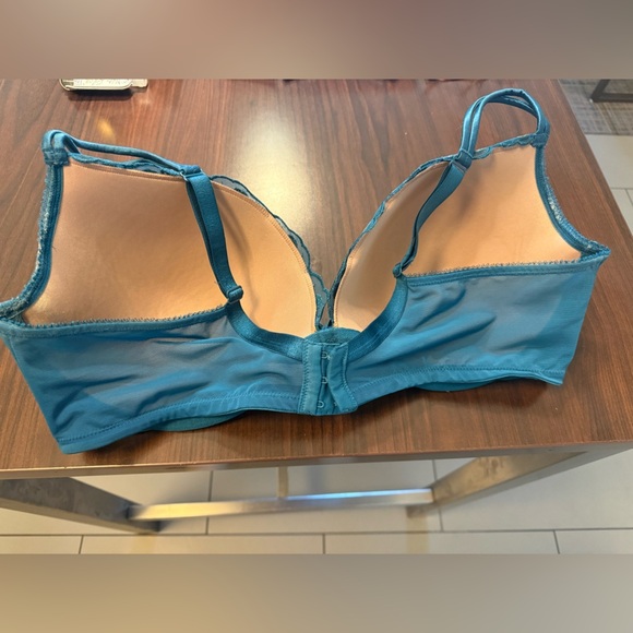 Cacique Teal Ribbon Gold Embroidered Lightly Lined Plunge Underwire Bra Sz 44DD - Picture 3 of 5